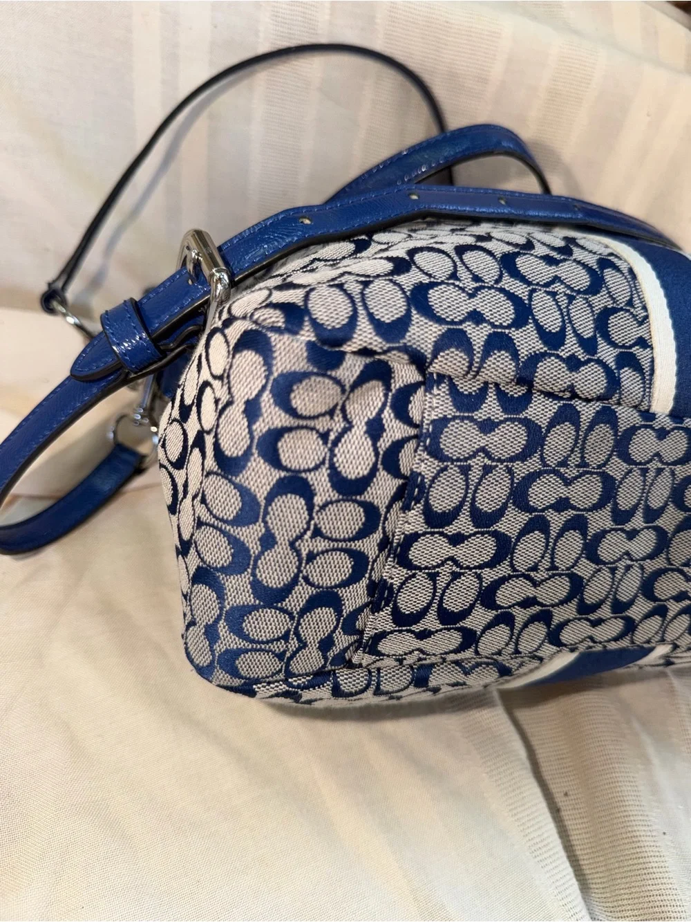 Coach Blue and White Signature Stripe Shoulder Bag